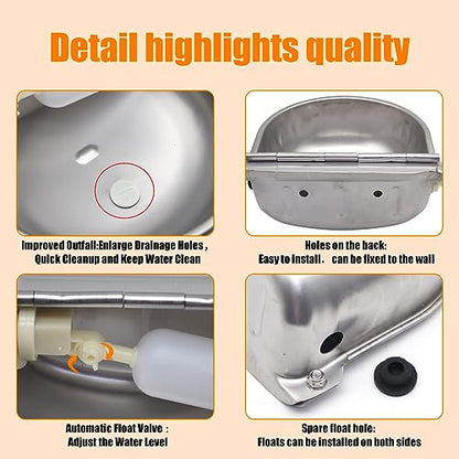 Automatic Animal Watering Bowl 304 Stainless Steel with Float Valve & Drainage Hole – Wall Mount Livestock Waterer for Dogs, Horses, Goats, Pigs, Chickens, Includes 39" Hose, 3/4" Adaptor