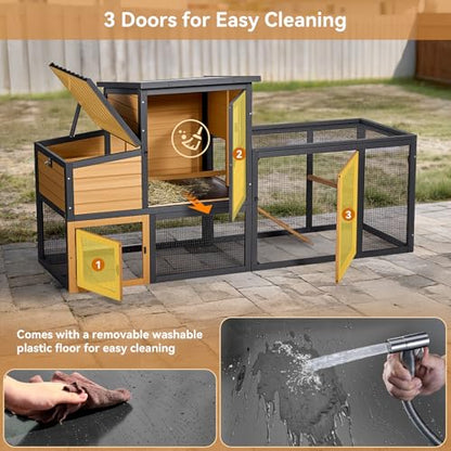 PETSFIT Wooden Chicken Coop for 2-4 Chickens, Backyard Coop with Run, 2 Nesting Boxes and 2 Roost Bars,PVC Windows, Easy-Clean 3-Door Access,Weather-Resistant PVC Roof, 6 Ground Stakes - color: Brown
