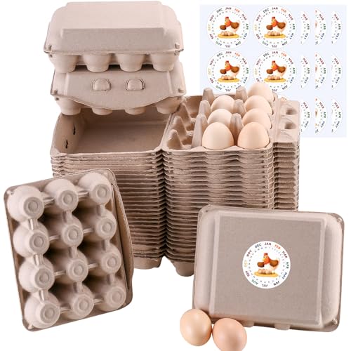 LayHyand 50 Pcs Vintage Egg Cartons with Labels, Square Dozen Egg Basket Blank Natural Paper Pulp, Classical 3x4 Style Holds Up to One Twelve 12 Count Chicken Eggs, Sturdy Eggs Box with Stickers - size: Dozen Egg Cartons 50 Pcs Set