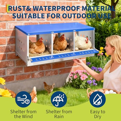 Chicken Nesting Box, 3 Compartment Nesting Boxes for Chickens, Durable Galvanized Steel, Ventilated with Dot Holes, Non-Slip, Wall Mountable Nesting Boxes for Chicken, Partitioned Design, Blue - size: 3 Compartment