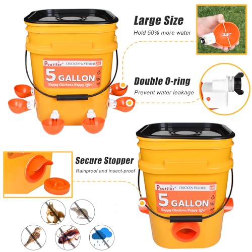 5 Gallon/44 Lbs Automatic Chicken Feeder & Waterer Set with Buckets, No Waste Feeder Port & Waterer Cup, Rain Proof Poultry Feeders, Keeps Out Small Animals, Ideal for Duck, Chick & Turkey