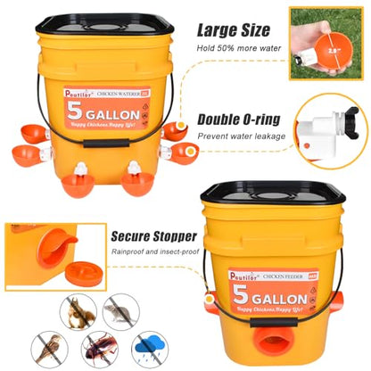 5 Gallon/44 Lbs Automatic Chicken Feeder & Waterer Set with Buckets, No Waste Feeder Port & Waterer Cup, Rain Proof Poultry Feeders, Keeps Out Small Animals, Ideal for Duck, Chick & Turkey