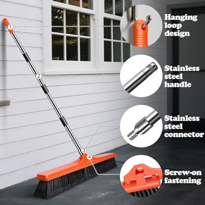 MASTERTOP 24" Yard Broom, Heavy Duty Garden Broom with Stiff Bristles, Outdoor Sweeping Brush,Push Broom for Warehouse Garden Garage Factory Patio Deck Driveways - color: Push Broom Tangerine