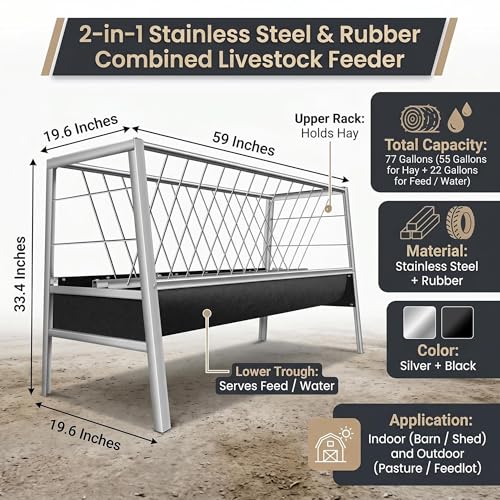 77 Gallon Rustproof Hay Feeder, Stainless Steel Livestock Feeder with Rubber Trough, Anti-Waste Farm Feeding Station for Goats, Sheep, Calves and Horses Ranch Supplies