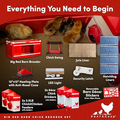 RentACoop Big Red Barn Chick Brooder Set with Heating Plate and Anti-Roost Cone, Two Chick Feeders, Two Chick Drinkers, Swing, Hatchling Liners, Jute Liner, LED Light, Security Latch