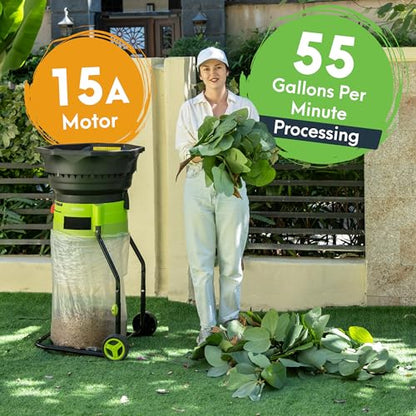 GreenSweep XL Bladeless Leaf Shredder & Mulcher | Powerful 15 Amp, 9,000RPM Motor for 18:1 Reduction Ratio - color: Green