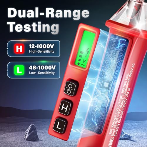 DIYSELF Non Contact Voltage Tester Pen, Dual Sensitivity 12V/48V-1000V AC Electric Tester Pen Voltage Detector with LCD Display, Buzzer & Flashlight, CAT III 1000V Electrical Tester Pen for Live Wire