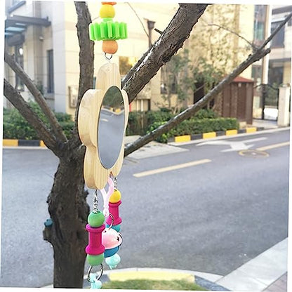 Sosoport Rooster Chicken Mirror Toy Bell Pendant for Cage Interactive Wooden Pet Supplies for Hens Reduces Boredom and Encourages Playfulness