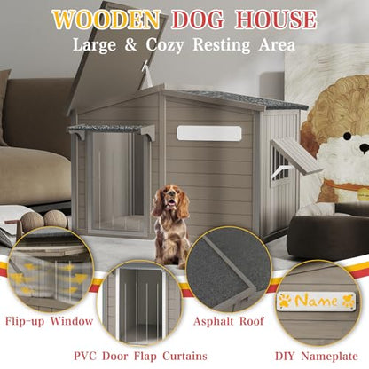 Ketive 43" L Outdoor Extra Large Dog House with Removable Floor, Raised Feet, Anti-Chewing Iron Frame – Wooden Kennel with Asphalt Roof, Window for Indoor/Outdoor Use, Ideal for Medium to Large Dogs - style: 43.5" L x 29.5" W x 33.5" H