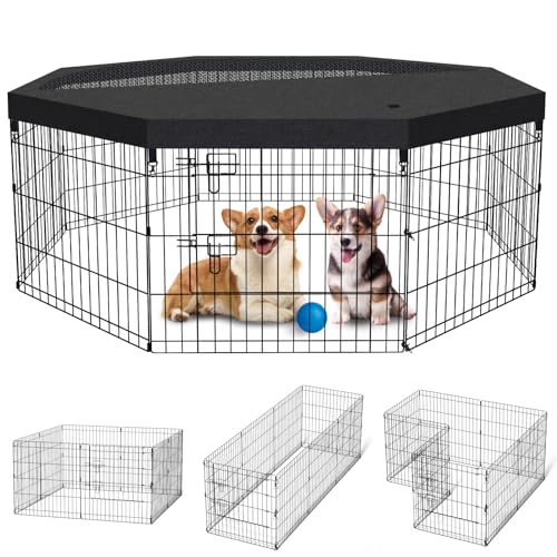 Peekaboo Dog Playpen 24 Inch, 8 Panel Metal Pet Fence with Top Cover | 24 Inch 8 Panel Foldable Metal Dog Playpen with Top Cover, GRS Certified Recycled Material - style: Playpen + top cover