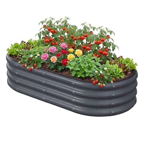 4x2x1 FT Oval Metal Raised Garden Bed, Open Bottom Design Elevated Garden Planter Box Outdoor, Trough Planter for Outdoor Plants, Flower, Vegetables, Fruit, Herbs (Dark Gray, 1PC) - color: Dark Gray, size: 4×2×1 FT (1PC)