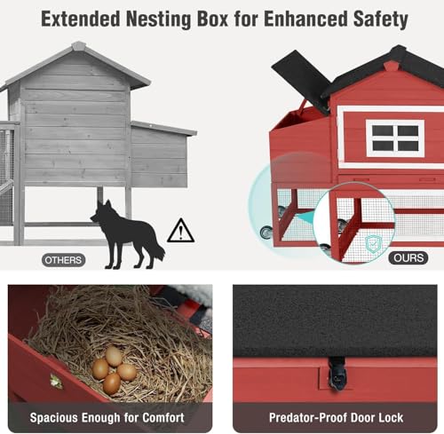 Chicken Coop with Wheels, Mobile Outdoor Chicken House with Leakproof Pull-on Tray, Nesting Box, Waterproof Roof - Red - color: Red