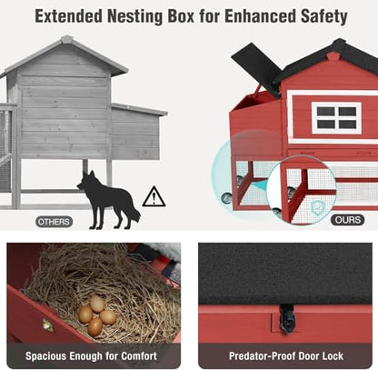 Chicken Coop with Wheels, Mobile Outdoor Chicken House with Leakproof Pull-on Tray, Nesting Box, Waterproof Roof - Red - color: Red
