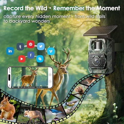 MAXDONE Solar Trail Camera WiFi Bluetooth - 4K 64MP Game Cameras with Night Vision Motion Activated IP66 Waterproof, with 5200mAh Battery and 32GB Memory Card Cameras for Outdoor and Backyard ﻿