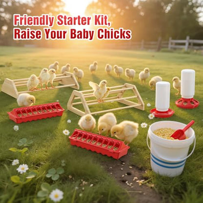 Pawaboo 7-in-1 Chicken Brooder Box for Chick Starter Kit, Includes Chicks Perches, Chicken Feeders, Chick Waterers, Chickens Feeding Spoon, Chicks Supplies (Brooder Set), Red + Wood Color - color: Red + Wood Color