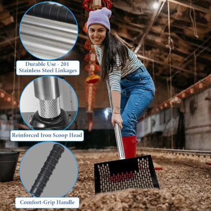 Kalekey Heavy Duty Chicken Coop Rake and Scoop, 15 Inch Extra Large Chicken Coop Rake with Adjustable Stainless Steel Handle (25 to 73 Inch)，Metal Multi-Use Cleaning Shovel for Coops, Beach（Black） - color: Black