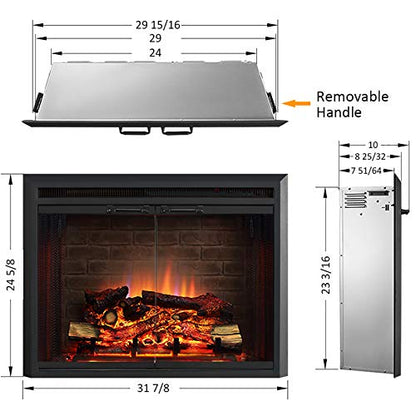 PuraFlame Klaus Electric Fireplace Insert with Fire Crackling Sound, Glass Door and Mesh Screen, 750/1500W, Black, 29 15/16 Inches Wide, 23 3/16 Inches High - size: 30" without Trim