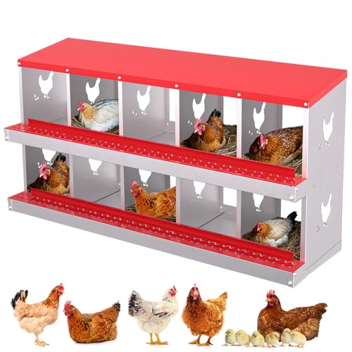 10-Hole Chicken Nesting Box, Rustproof Galvanized Steel Roll-Out Egg Collection with Vented Design, Laying Box for Hens, Poultry Coop Accessories for Egg Layers - color: red, size: 10-Hole with legs