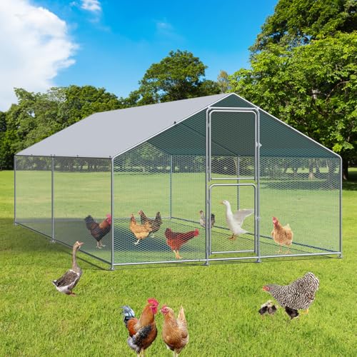 Large Metal Chicken Coop with Run, Waterproof & UV Protected Cover, Holds Up to 30 Chickens. Double Lock Doors, Spire Roof Design, Ideal for Hens, Ducks and Rabbits (13.1 x9.8 x 6.6 FT) - size: 157.0"L x 118.1"W x 78.7"H