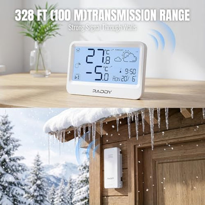 Raddy WF-60 Digital Home Weather Station, Indoor Outdoor Thermometer with Weather Forecast, Professional Temp Monitor with Frost Alarm, Alarm Clock, Battery Operated, for Home Garden