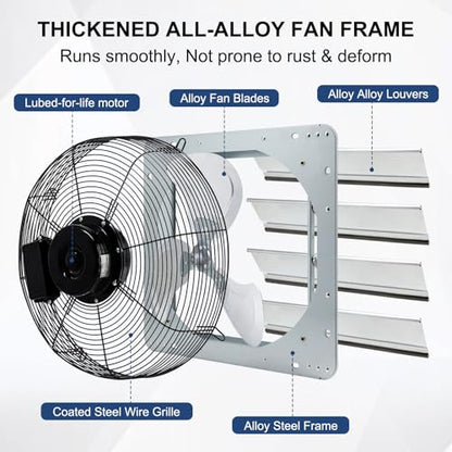 Criditpid 18 Inch Wall Mounted Shutter Exhaust Fan with ON/OFF Switch, High-Speed, Low-Noise Pure Copper Motor, Wall Exhaust Fan for Gable, Shed, Garage, Greenhouse, Kitchen, Attic, 2500CFM, 1495RPM. - size: 18 Inch Exhaust Fan