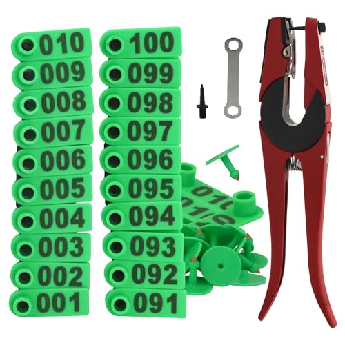 Goat Ear Tags Livestock Ear Tag Pliers Tool, 001-100 Number Plastic Sheep Ear Tag, with Livestock Animal Ear Tagging Pliers for Sheep Pig Dog Deer Farm Horse Cow Cattle (Green) - color: Green