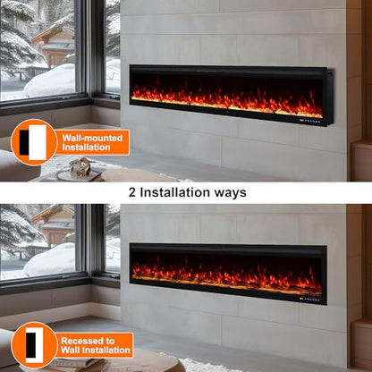 Narrow Frame WiFi Electric Fireplace 78 Inch, Wall Mount or in-Wall Recessed Fireplace Heater, App/Remote Control,Adjustable Flame Effects, 9H Timer & Low Noise, 750W/1500W, Black - size: 78 Inch WiFi