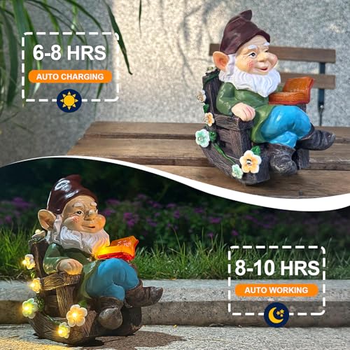 Solar Garden Gnome Statues Outdoor, Fairy Rocking Chair Gnomes Reading Book Succulents Figurines Lights Yard Art Sculpture Home Decor for Outside Patio Balcony Lawn, Unique Loved One Gifts for Mom - style: rocking chair gnome