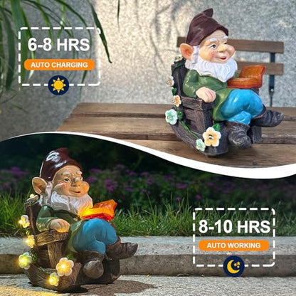 Solar Garden Gnome Statues Outdoor, Fairy Rocking Chair Gnomes Reading Book Succulents Figurines Lights Yard Art Sculpture Home Decor for Outside Patio Balcony Lawn, Unique Loved One Gifts for Mom - style: rocking chair gnome