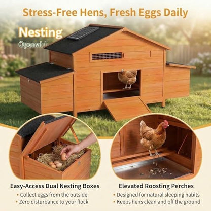 Wooden Chicken Coop with Solar Automatic Door, Predator-Proof Outdoor Hen House with 2 Nesting Boxes & Deep Pull-Out Tray, All-Weather Poultry Cage for Backyard ([2-4] Chickens)