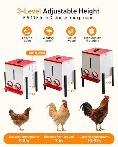 55LB Automatic Chicken Feeder, 40L Metal No Waste Poultry Feeder with Rat-Proof Design, 4 Feeding Ports, Weatherproof Locking Lid, Height-Adjustable Legs for Chickens, Ducks and Geese
