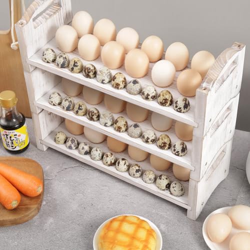 Wooden Egg Holder 3 Layer Fresh Egg Rack Holders Countertop Stackable Quail Egg Sorter Storage Trays Organizer Display Stand Kitchen Rack, Fits Duck, Turkey, Chicken Eggs,up to 36 Eggs, 3 Tier-White - color: White, size: 3-Tier