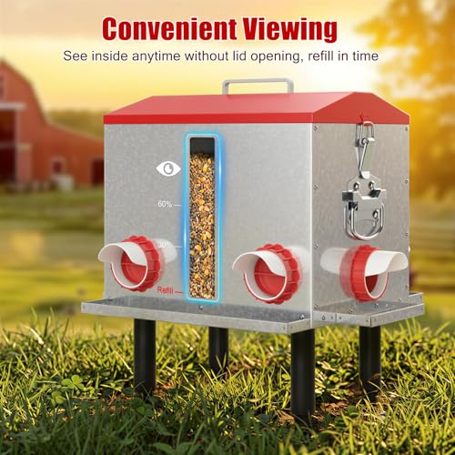 Pawaboo 55LBS Large Capacity Automatic Chicken Feeder - 2026 Upgraded No Waste Poultry Feeder, 7 Feeding Ports, Viewable Feed Level Window, Height-Adjustable Legs + Wobble-Free Stability - color: Red + Silver