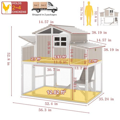 Large Chicken Coop Outdoor with Run, Expandable Hen House with 4 Nesting Boxes, Rabbit Hutch Poultry Bunny Cage for 2-4 Chickens with 4 Perches, Removable Tray and Ramp (56.3" L x 35.24" W x 52.8" H)