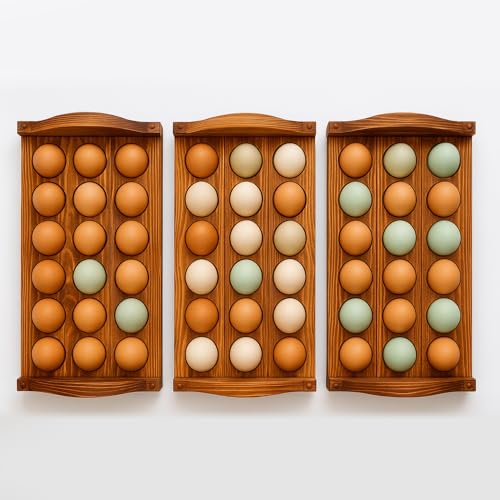 Egg Holder for Countertop, 3-Tier Wooden Rack, Holds 54 Fresh Eggs | Pulchrum rustic farmhouse pine organizer & display stand, stackable for kitchen counter or pantry, hard-boiled use, gift