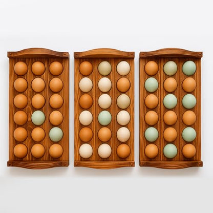 Egg Holder for Countertop, 3-Tier Wooden Rack, Holds 54 Fresh Eggs | Pulchrum rustic farmhouse pine organizer & display stand, stackable for kitchen counter or pantry, hard-boiled use, gift