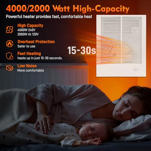 198 High Capacity Wall Heater, White Painted Grille,4000/2000 W at 240 V/120V with Adjustable Thermostat compatible with Broan 198 Wall Heater for Kitchens, Living Rooms, and Entryways