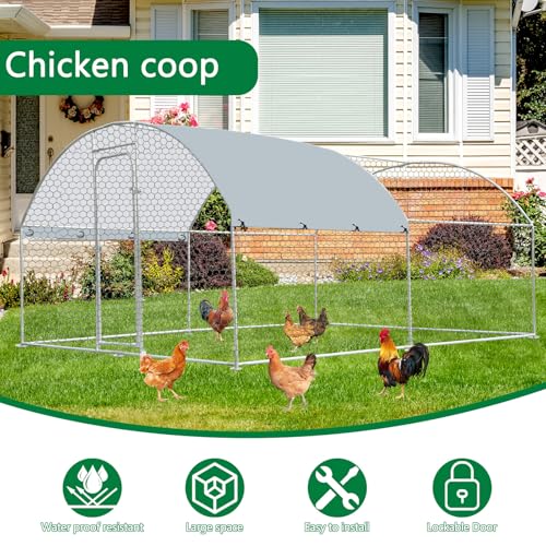 Outdoor Metal Chicken Coop Large Walk-in Poultry Cage Spire-Shaped Chicken Run with Waterproof and Anti-Ultraviolet Cover for Outside,Backyard and Farm,13.1' L*9.8' W*6.5' H - size: 157.2"L x 117.6"W x 78.0"H