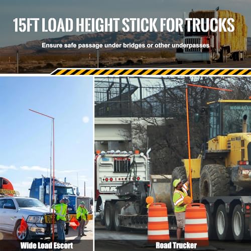 15 ft Height Stick for Semi Trucks, Telesopic Load Height Measuring Sticks with Portable Bag & Folding Cross Pole, Heavy Duty Haul Carrier Essential Tool for Oversize Trailer, Car Haulers