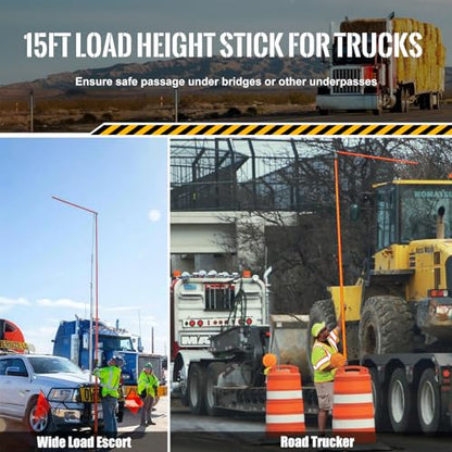 15 ft Height Stick for Semi Trucks, Telesopic Load Height Measuring Sticks with Portable Bag & Folding Cross Pole, Heavy Duty Haul Carrier Essential Tool for Oversize Trailer, Car Haulers