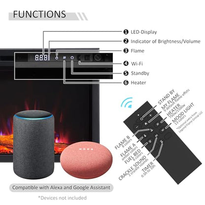 LegendFlame 72" W Smart Wall Mount & in Wall Recessed Electric Fireplace Insert, Heater 750W/1500W, Multi Colors of Flame & Fuel Bed, Alexa/Google Assistant Enabled - size: 72" DEEP