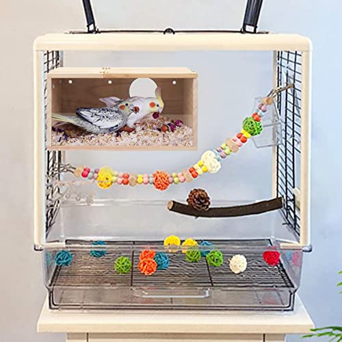 Rypet Parakeet Nesting Box Transparent Design, Thwartwise Bird Nest Breeding Box with Perch Wood Bird Cage House for Cockatiel Lovebirds Budgie Finch Parrotlets Canary M - size: Medium