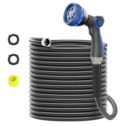 SPECILITE 75ft 304 Stainless Steel Garden Hose Metal, Heavy Duty Water Pipe with Nozzles for Yard, Outdoor - Flexible, Never Kink & Tangle, Puncture Resistant (Black) - color: Black, size: 75 ft