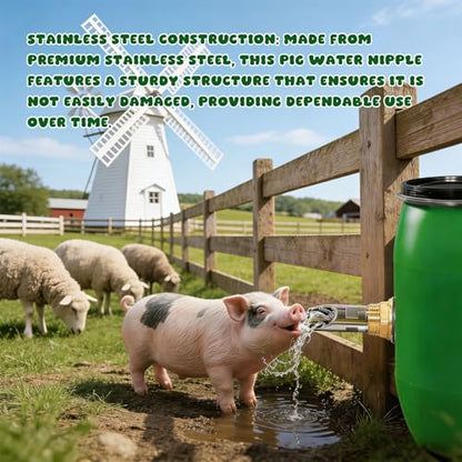 Fockety Pig Water Nipple, 5PCS Stainless Steel Automatic Pig Nipple Drinker Feeder with Brass Connectors, Waterer for Pigs Goats Horses Cattle Livestock