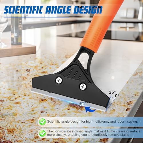 Heavy Duty Floor Scraper with Long Handle,4 Inch Razor Blade Scraper Tool | Cleaning Popcorn Ceiling Wall Glass Windows Gum Paint Tile Glue Linoleum|45.7IN Handle|10PCS Extra Metal Blades|Orange