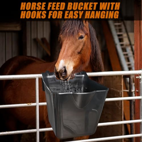 Horse Feed Bucket,15 Quart Plastic Hook Over Horse Feeder for Easy Hanging,Mountable Heavy Duty Livestock Feeders for Horses Sheep Cattle Cows (6)