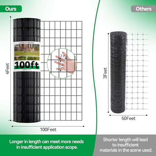 Welded Wire Fence, 100ft(L) x 48inch(H) PVC Anti-Rust Coated Wire Mesh, 2 Inch x 3 Inch 16GA Garden Edging Border, Roll Metal Animal Barrier for Yard Vegetable Plant Protection Poultry Netting - size: 100ft(L) x 48inch(H)
