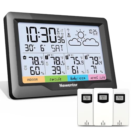Newentor Weather Station Wireless Indoor Outdoor Battery Powered, Indoor Outdoor Thermometer with Atomic Weather Clock Multiple Sensors, Temperature Humidity Monitor and Barometer for Home, Black - color: Black