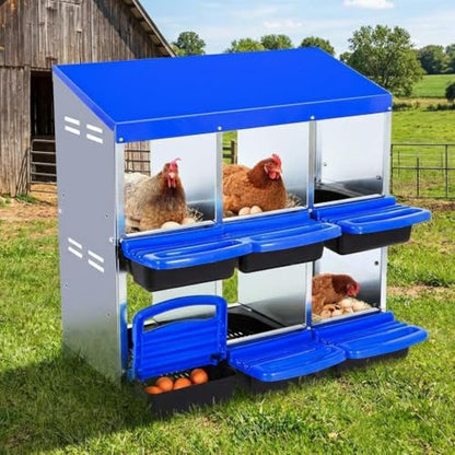 Chicken Nesting Box 6-Hole Roll Away Egg Laying Box with Lid, Galvanized Steel Rustproof Poultry Coop Box, Wall Mountable No Bracket Needed for Hens, Blue - color: Blue, size: 6 holes