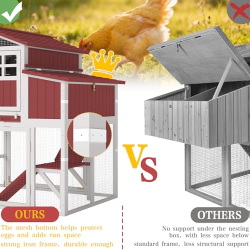 Large Chicken Coop Outdoor with Run, Hen House with Nesting Boxes, Rabbit Hutch Poultry Bunny Cage for 2-4 Chickens with Perches, Removable Tray (Red Chicken Coop 56.3" L x 35.24" W x 52.8" H)